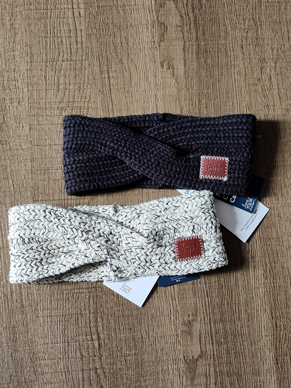 Love Your Melon Set Of 2 Knit Twist Headbands with Leather Patch - Black & Cream